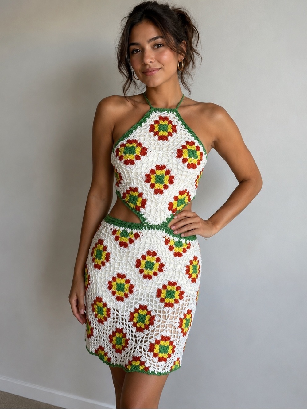 Boho Crochet Cutout Mini Dress Granny Square Festival Halter Retro Summer Medium